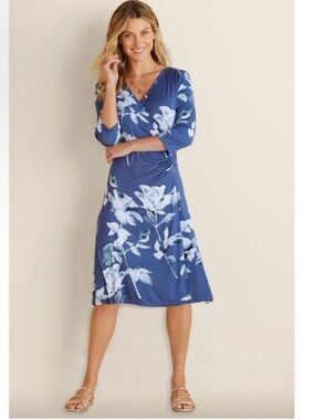 Soft Surroundings Hyannis Dress in True Navy Rose, Faux Wrap, Sz Petite LG